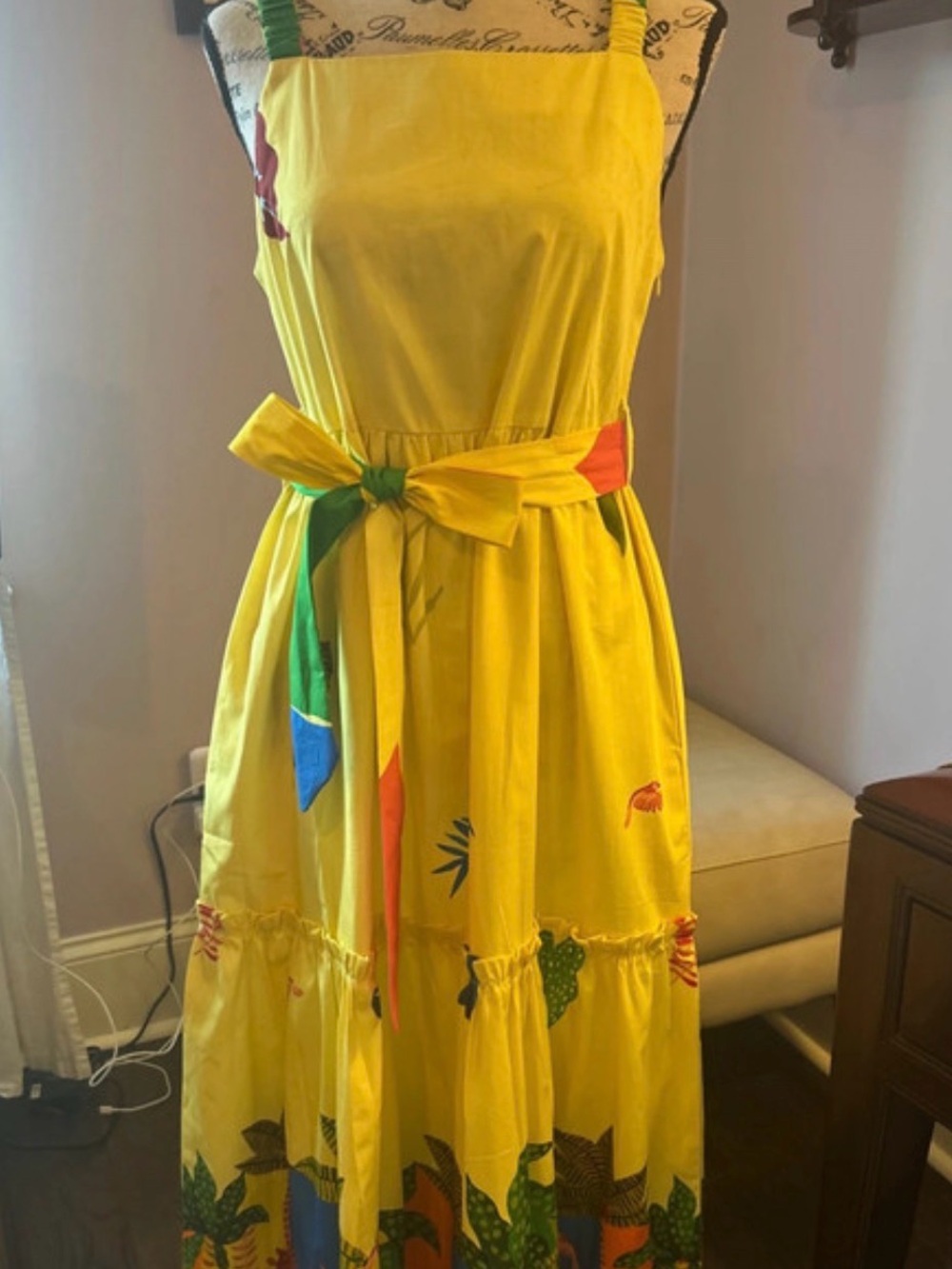 Size Medium- Yellow Tropical-Print Casual Maxi Dress with Tie Waist